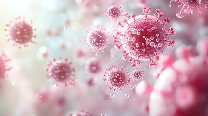 Pink microscopic virus cells floating in blurred background with detailed protein spikes and molecular structure, scientific visualization for medical research and education.