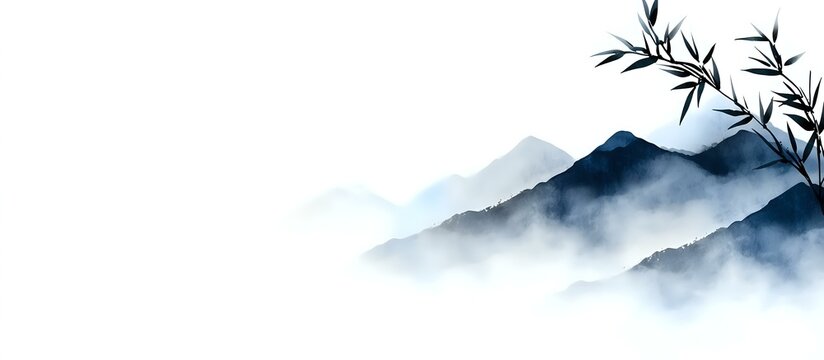 Minimalist Asian landscape watercolor painting with misty blue mountains and bamboo leaves silhouette on white background, traditional oriental art style.