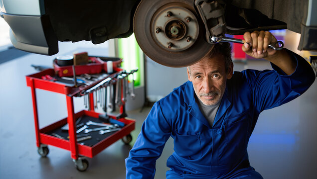 Professional Auto Mechanic Working on Car Brake System Repair in Modern Garage Workshop Service Center
