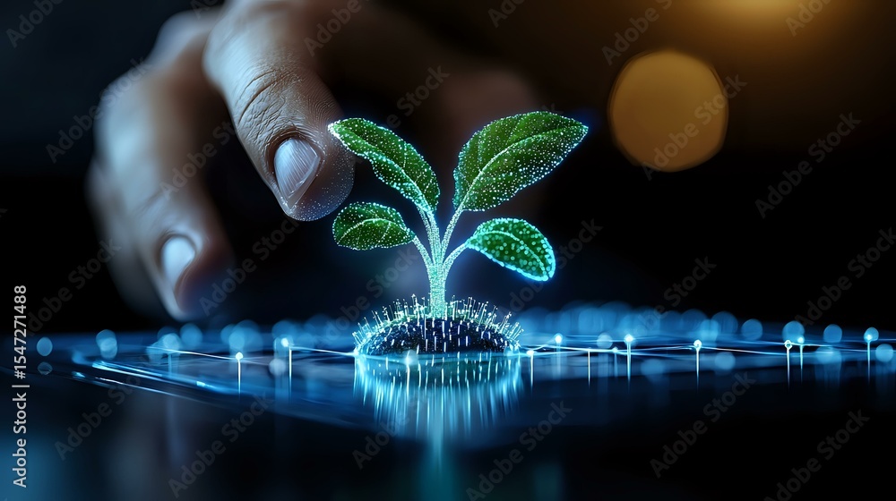 Aufkleber glowing digital plant seedling emerging from circuit board with hand reaching towards it, representi