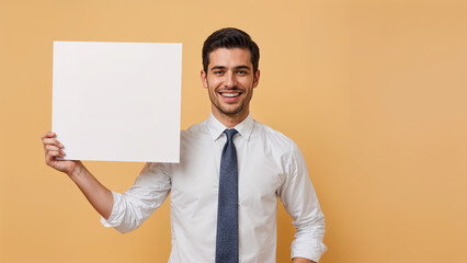 Smiling Young Professional Businessman Holding Blank White Sign Board for Custom Message on Orange Background in retro style