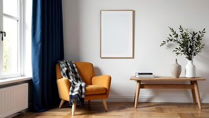 Scandy minimal interior with armchair, table, green plant and painting empty mock up