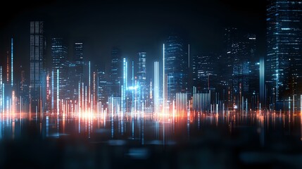 Fototapeta premium Futuristic night cityscape with glowing neon lights reflecting on water surface, modern skyscrapers silhouettes and bright illuminated vertical beams creating digital atmosphere.