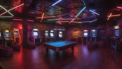 A vibrant arcade room, illuminated by neon lights, with classic arcade games and a pool table - Powered by Adobe