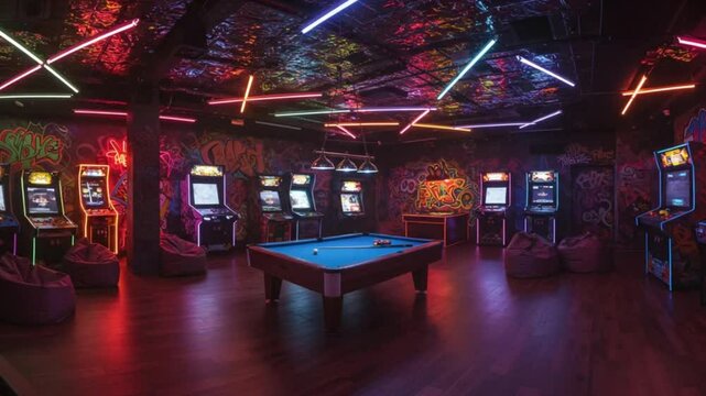 A vibrant arcade room, illuminated by neon lights, with classic arcade games and a pool table - Powered by Adobe