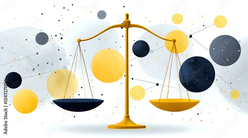 Poster golden balance scale with black and yellow circles on abstract gray background showing equilibrium c