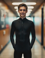 Obraz premium Teen in bobsleigh suit smiling confidently in a hallway