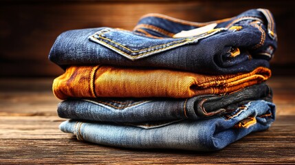 Folded denim jeans and cotton fabric stacked on a wooden surface with warm lighting