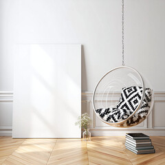 Modern Minimalist Interior Design with Hanging Chair and Blank Canvas