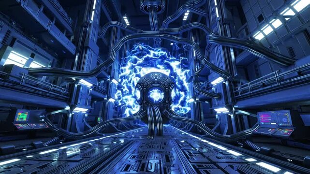 Futuristic sci-fi machine glowing blue at the center of advanced laboratory, symbolizing technology, artificial intelligence, innovation, robotics, science fiction, cyber, power, and digital energy