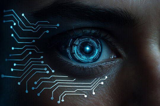 AI generated digital render shows a human eye enhanced with circuit overlays and glowing blue iris in a sci fi surveillance theme focusing on data analysis and AI augmentation concept - Powered by Adobe
