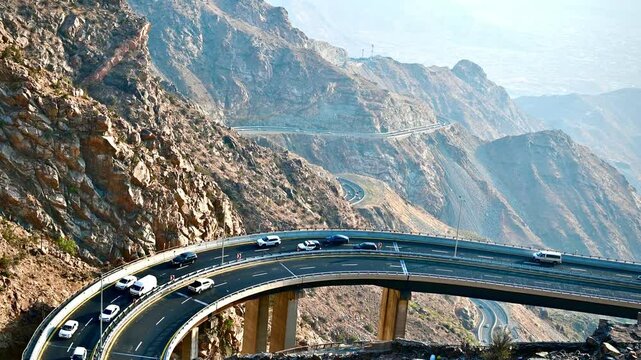 A beautiful areal view of a Mountain road, From Al Hada, Taif, Saudi Arabia.  The road between Makkah and Taif City. Video of Halwani Bridge. 