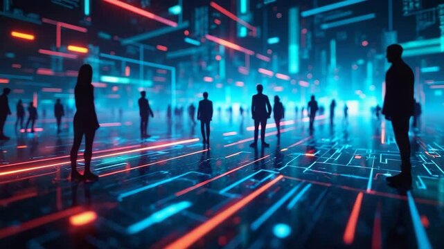 Futuristic cityscape with silhouettes of people on glowing digital grid, neon blue and red lights, technology innovation, digital cityscape, silhouettes, neon, blue, red, technology, grid, people - Powered by Adobe