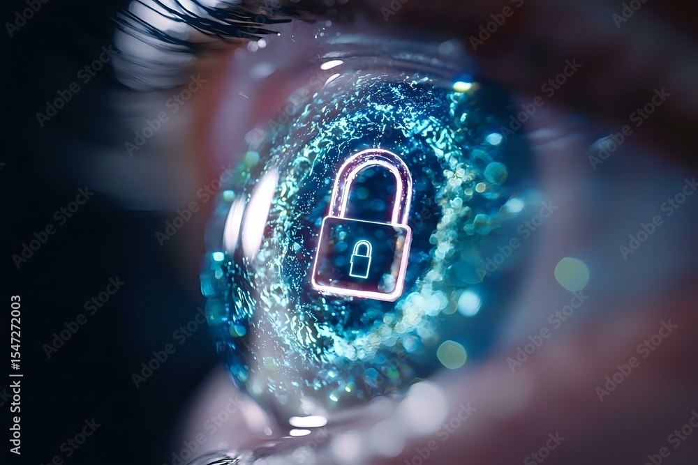 Poster glowing digital padlock symbol reflected in eye iris with blue technology particles, representing cy