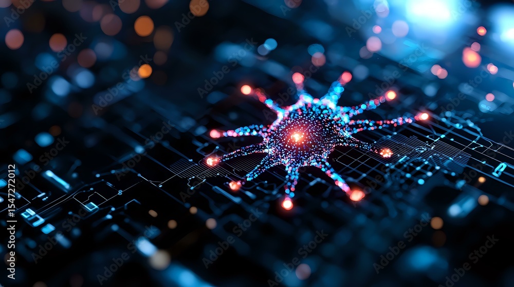 Poster glowing digital neural network node with radiating connections on circuit board background, illumina