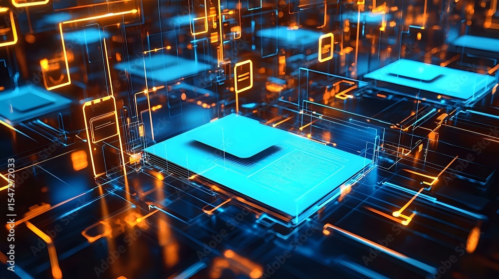 Poster glowing blue microprocessors connected by orange circuit paths create futuristic technology network 