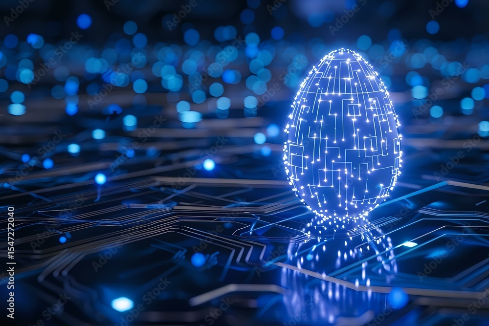 Poster glowing digital egg shape formed by connected dots and lines on circuit board background with blue b