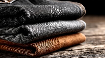 Close-up of folded cotton and denim fabrics on a rustic wooden surface