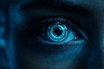 AI generated photorealistic closeup of a human eye integrated with glowing blue digital circuits symbolizing advanced cybernetic vision system in a futuristic sci fi environment