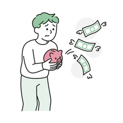 貯金箱からお金が飛んでいく男性のイラスト