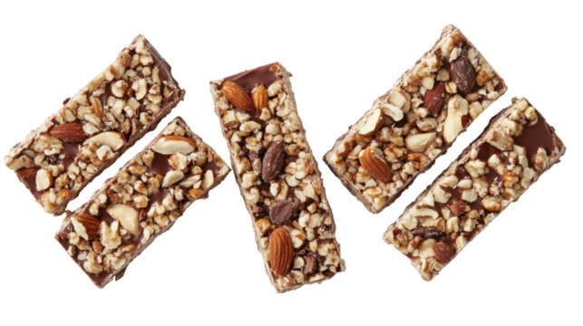 Assorted Granola Bars with Nuts and Chocolate on Transparent Background