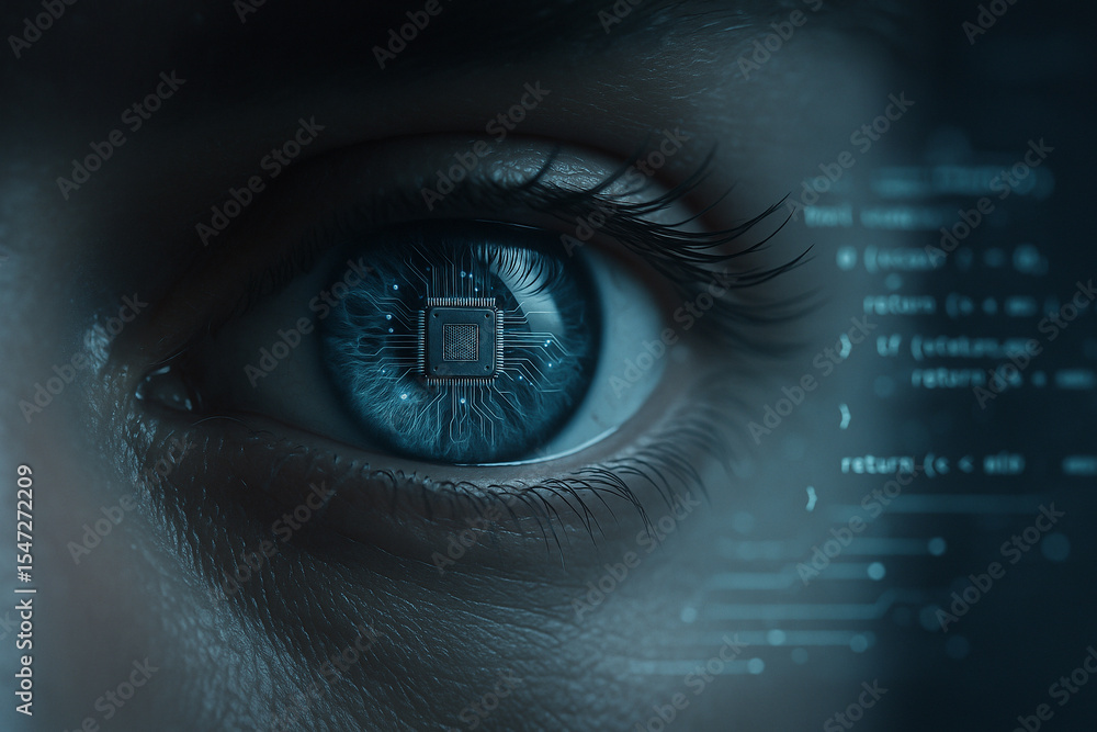 Poster ai generated digital rendering of a human eye in extreme close-up with visible microchip at the pupi