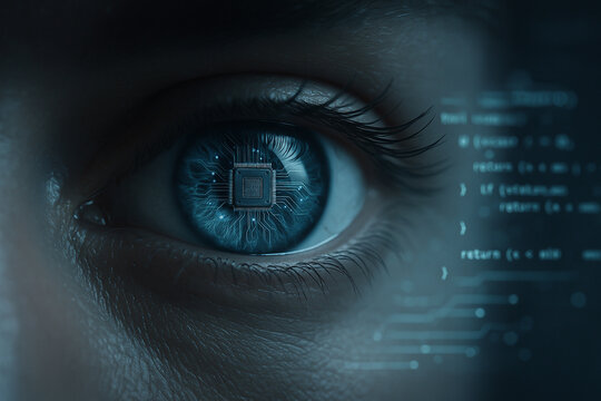 AI generated digital rendering of a human eye in extreme close-up with visible microchip at the pupil surrounded by HUD code interface and glowing circuits in futuristic icy blue tones - Powered by Adobe