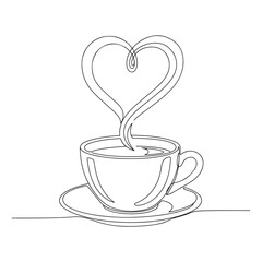 Coffee Cup Heart Shaped Steam One Line Drawing saucer