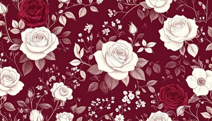 Fototapeta premium ワインレッドのクラシックバラ柄パターン｜Classic Rose Pattern in Wine Red Tones