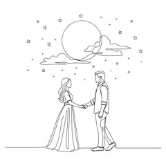 Couple Holding Hands Under Night Sky Moon Stars Line Art