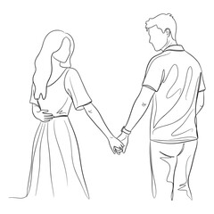 Fototapeta premium Couple Holding Hands Walking Away Line Art Drawing