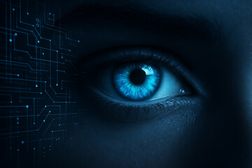 Obraz premium AI generated closeup of a glowing blue eye with digital circuit patterns representing intelligent vision and futuristic data scanning system in a sci fi environment