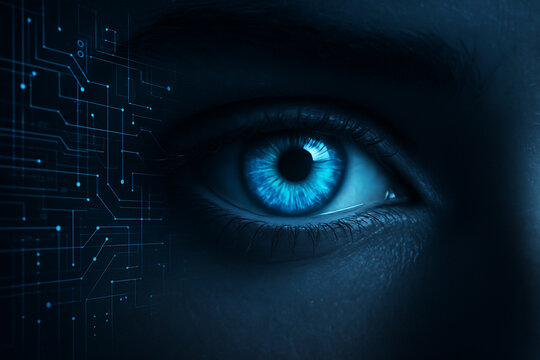 AI generated closeup of a glowing blue eye with digital circuit patterns representing intelligent vision and futuristic data scanning system in a sci fi environment