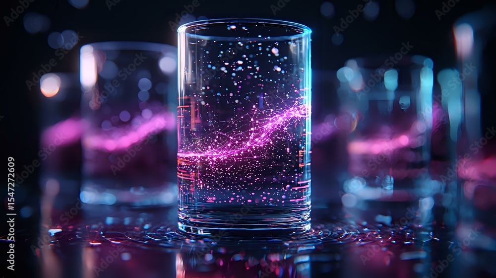 Poster glowing pink energy wave flows through glass of water against dark background with bokeh lights, cre