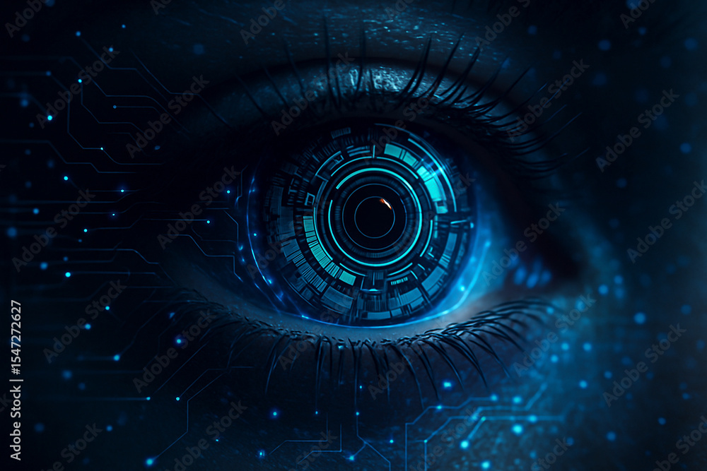 Poster ai generated close up of a futuristic cybernetic human eye with mechanical iris glowing blue surroun