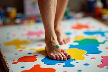 Obraz premium Woman's Feet Covered in Colorful Paint Walking on Canvas to Create abstract Artwork