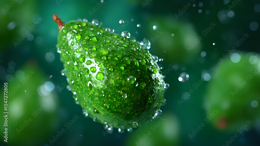 Poster fresh green lime with water drops and splashes on dark background with bokeh effect, macro photograp
