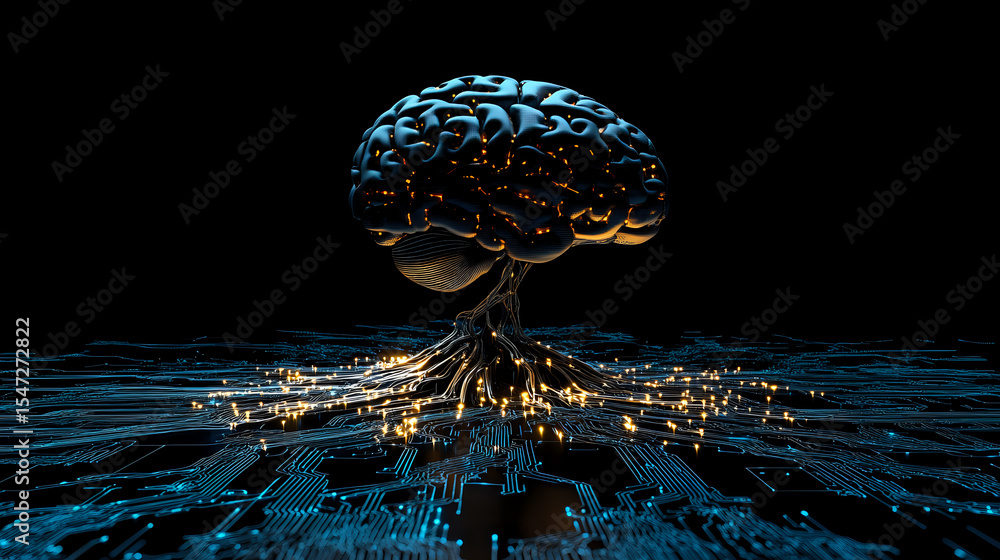 Poster glowing digital brain with neural network connections spreading across dark surface, illuminated pat