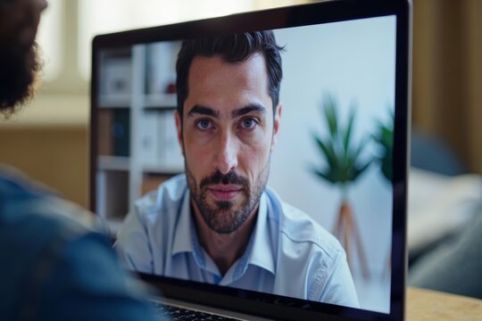 Extreme close-up of a person's eye mirroring a laptop screen in a video call.