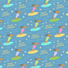 Summer pattern with cute surfing dachshunds in striped shirts on multicolored surfboards – bright "HELLO SUMMER" text and stars add cheerful beach vibes.