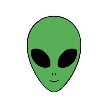 Simple green alien head icon with large black eyes, flat cartoon design representing extraterrestrial, UFO, mystery, or science fiction themes.