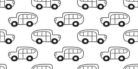 School bus. Outline seamless pattern. Hand drawn illustration. Vector design. White background.