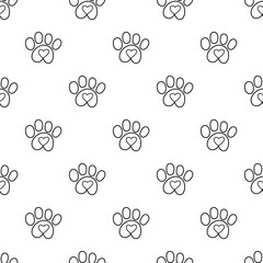 Seamless pattern. Outline dog paw with heart. Vector design. Hand drawn illustration.