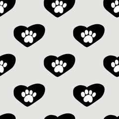 Seamless pattern. Dog paw inside heart. Vector hand drawn illustration.