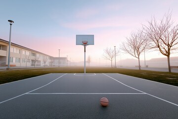 Empty outdoor basketball court at dawn with foggy atmosphere and lone ball