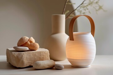 Elegant minimalist decor with lantern and natural elements in soft lighting