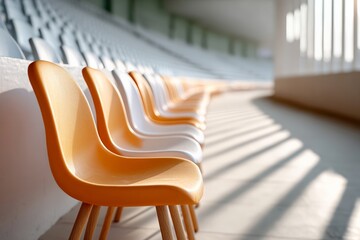 Empty stadium seats in sunlight casting long shadows