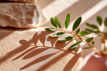 Sunlit foliage casting shadows on textured surface with natural stones