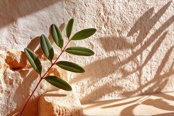 Sunlit green leaves casting shadows on textured stone wall
