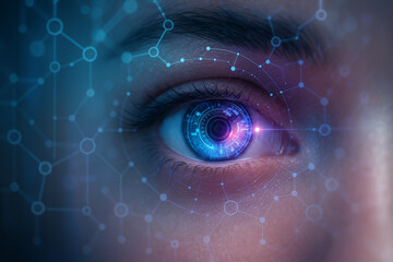 AI generated photorealistic closeup of a human eye integrated with digital circuits molecular structures and scanning interface representing futuristic AI enhanced vision and advanced data perception